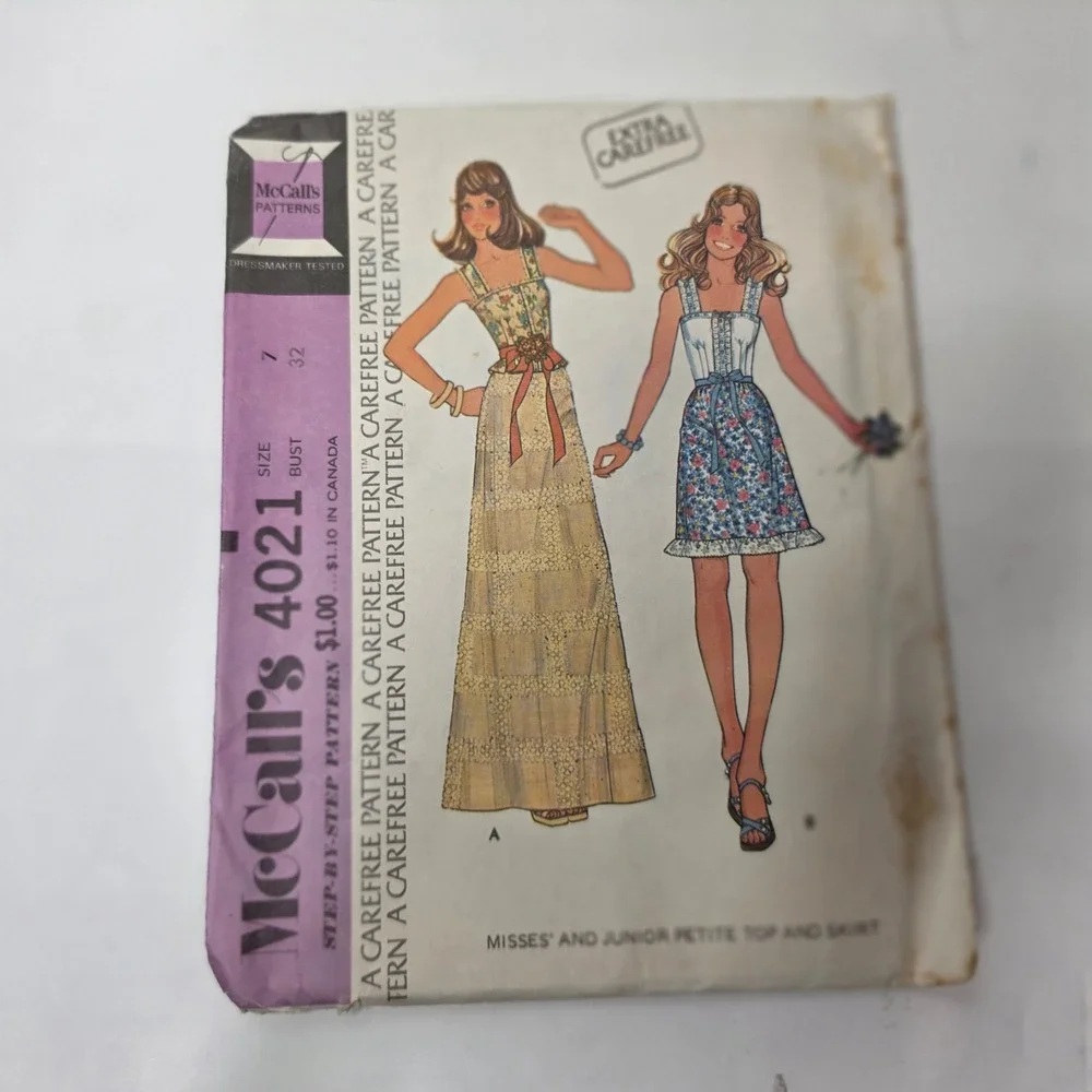 VTG 1970s McCalls 4021 Prairie Boho Top Maxi Skirt Sewing Pattern Size 7